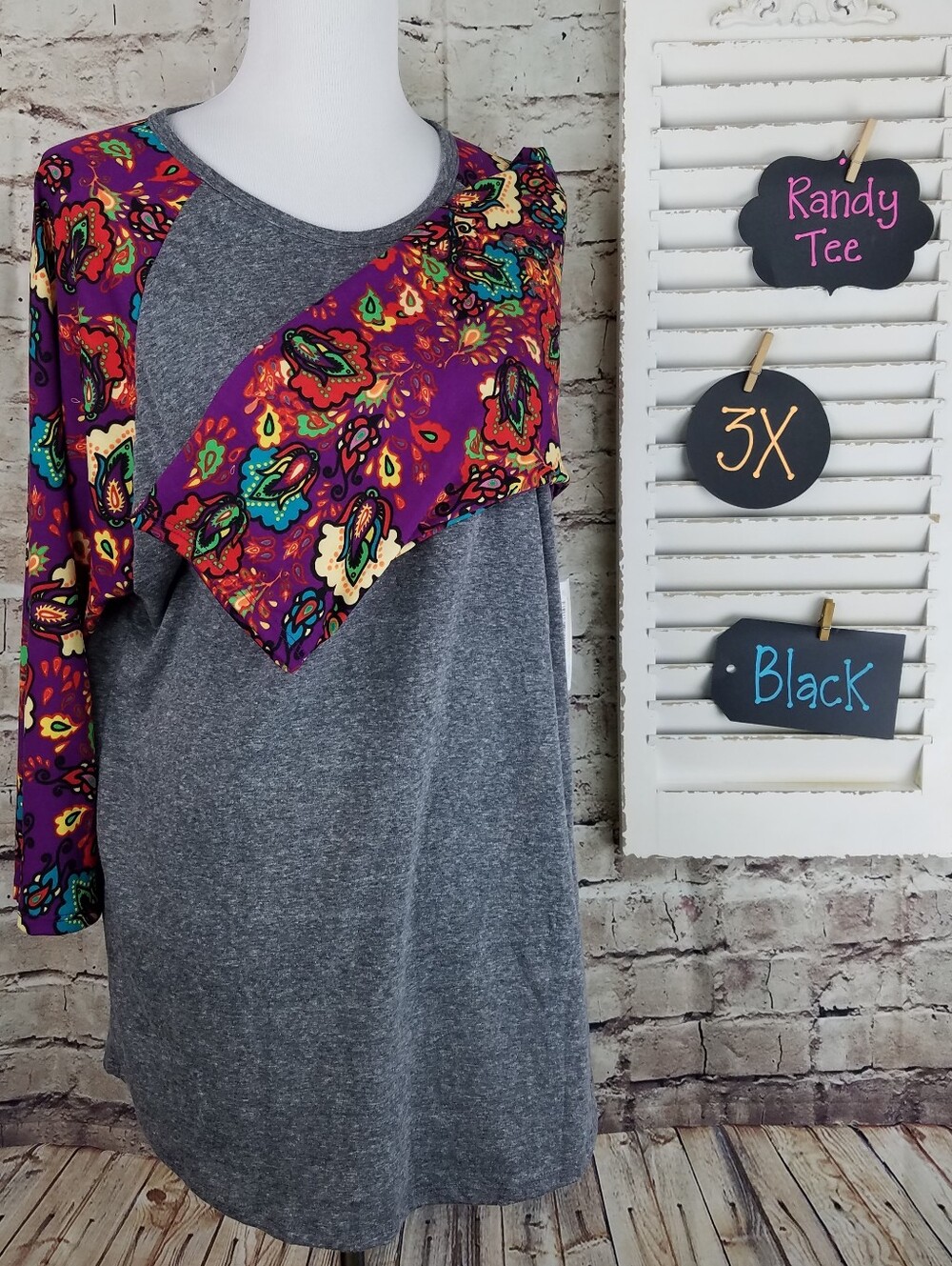 LuLaRoe Randy Tee in Gray with Purple Multicolor Paisley